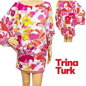 Trina Turk Caprice Swim Cover Up Tunic Dress Resort Dolman Sleeves Colorful Sz S